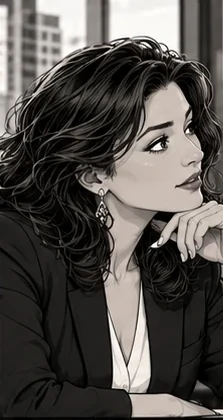 Elena Reyes, a confident executive with shoulder-length dark wavy hair and elegant earrings, from the approved comic The Whale