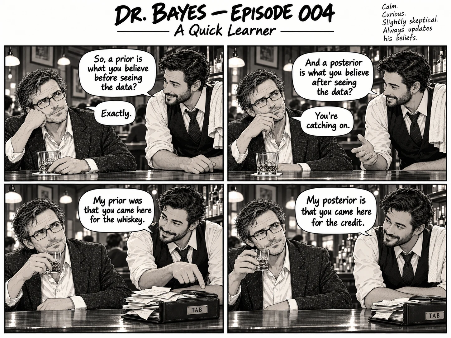 Episode 004 of the Dr. Bayes comic, “A Quick Learner”: A short lesson in priors and posteriors backfires when the bartender starts checking the evidence. The full dialogue is in the transcript below.