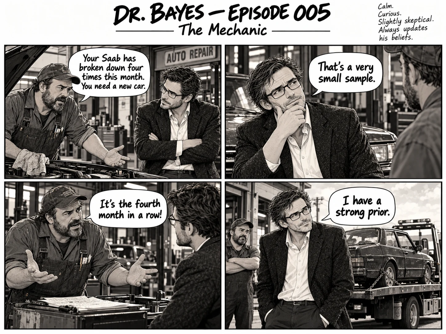 Episode 005 of the Dr. Bayes comic, “The Mechanic”: Dr. Bayes faces an inconvenient sample of breakdowns—and a mechanic who won't let him ignore it. The full dialogue is in the transcript below.