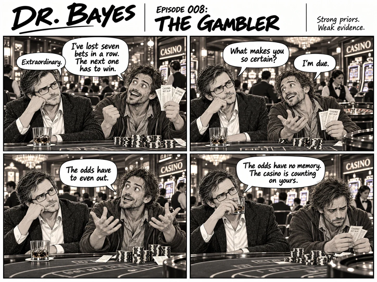 Episode 008 of the Dr. Bayes comic, “The Gambler”: A gambler on a seven-bet losing streak is sure he's due for a win. Dr. Bayes asks what makes him so certain. The full dialogue is in the transcript below.