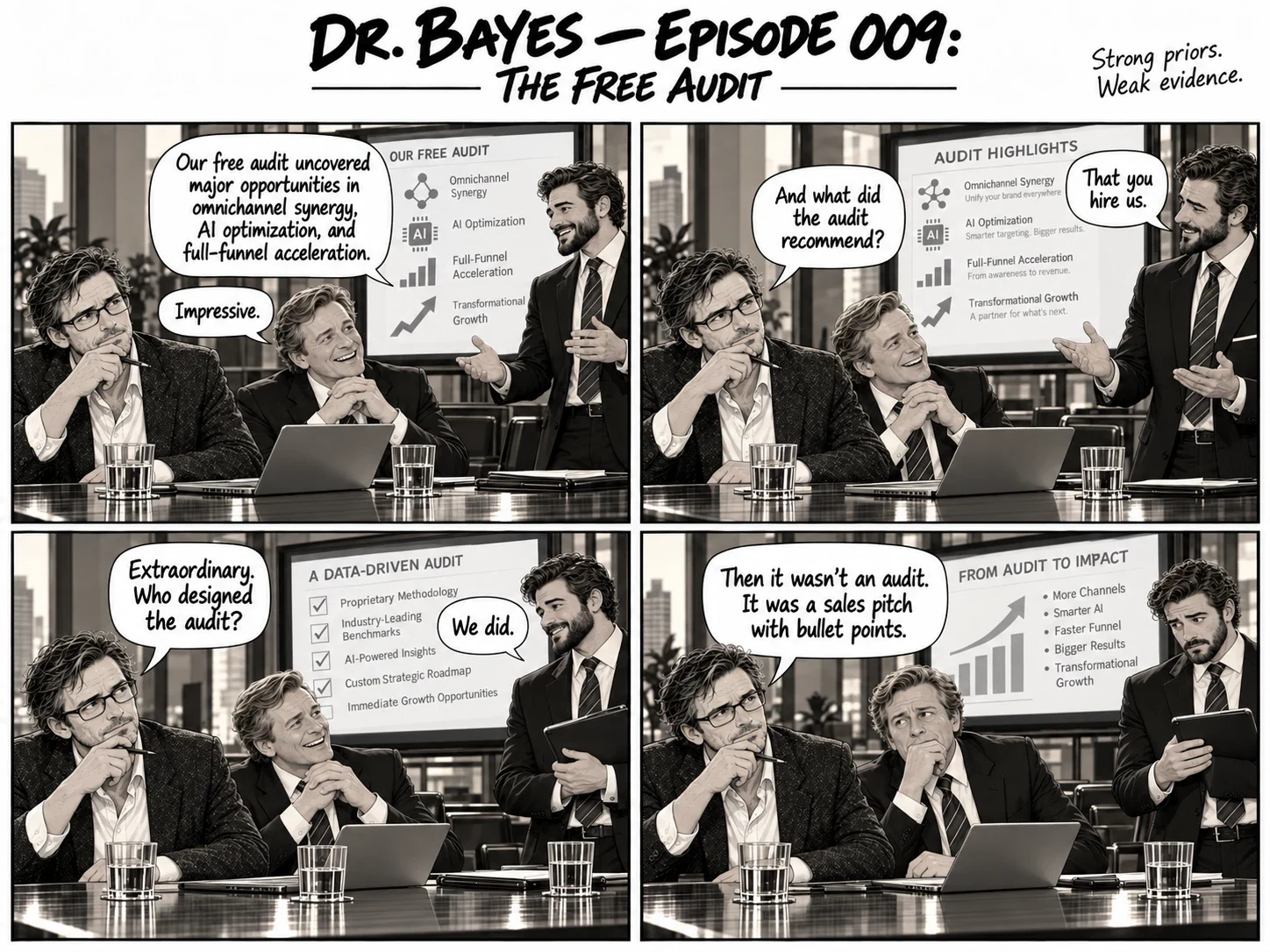 Episode 009 of the Dr. Bayes comic, “The Unbiased Consultant”: An ad agency's free audit concludes that the client should hire the agency. Dr. Bayes asks who designed it. The full dialogue is in the transcript below.