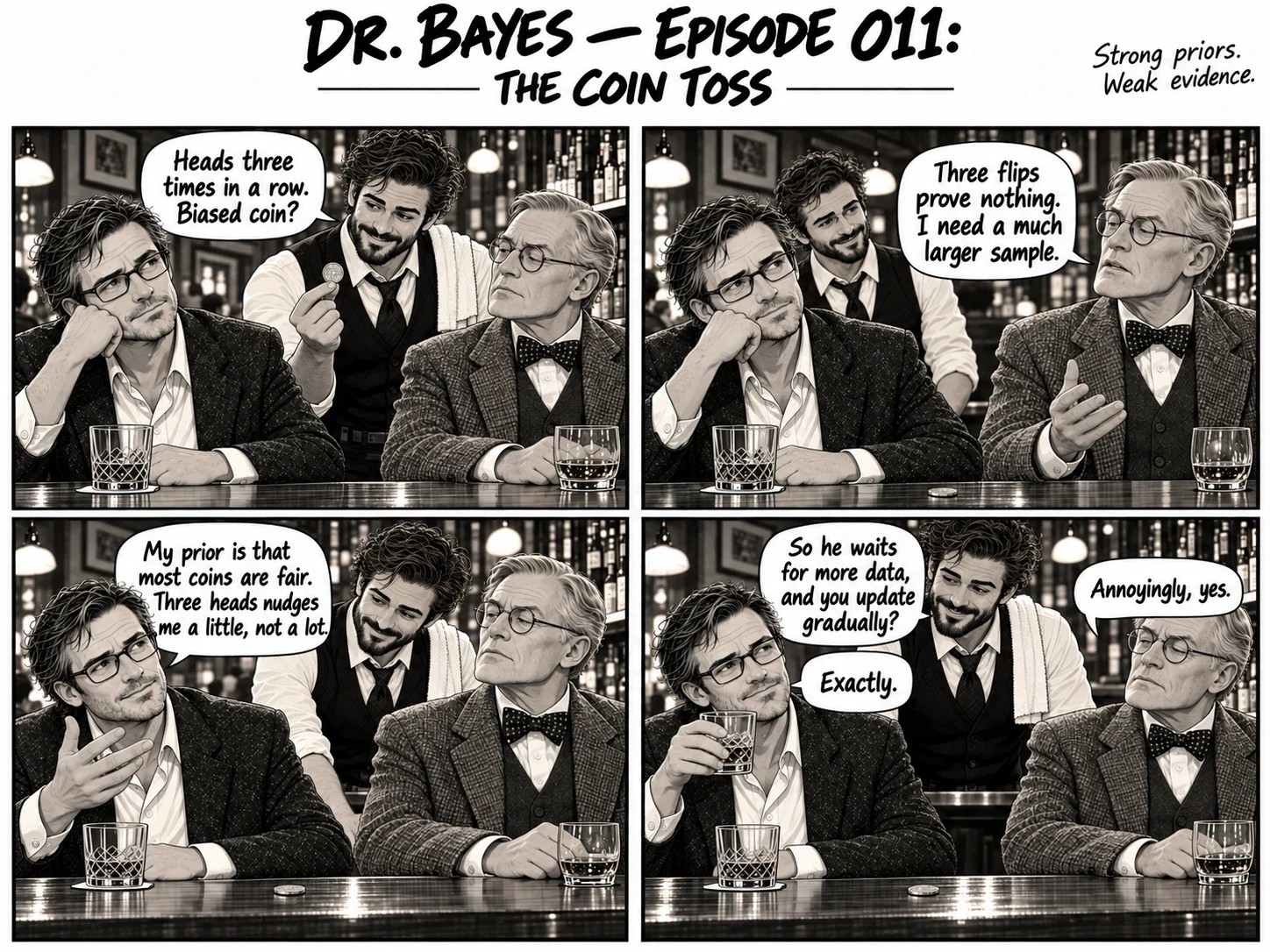 Episode 011 of the Dr. Bayes comic, “The Coin Toss”: The bartender flips three heads in a row. Professor Fisher wants a larger sample; Dr. Bayes updates his belief only slightly. The full dialogue is in the transcript below.