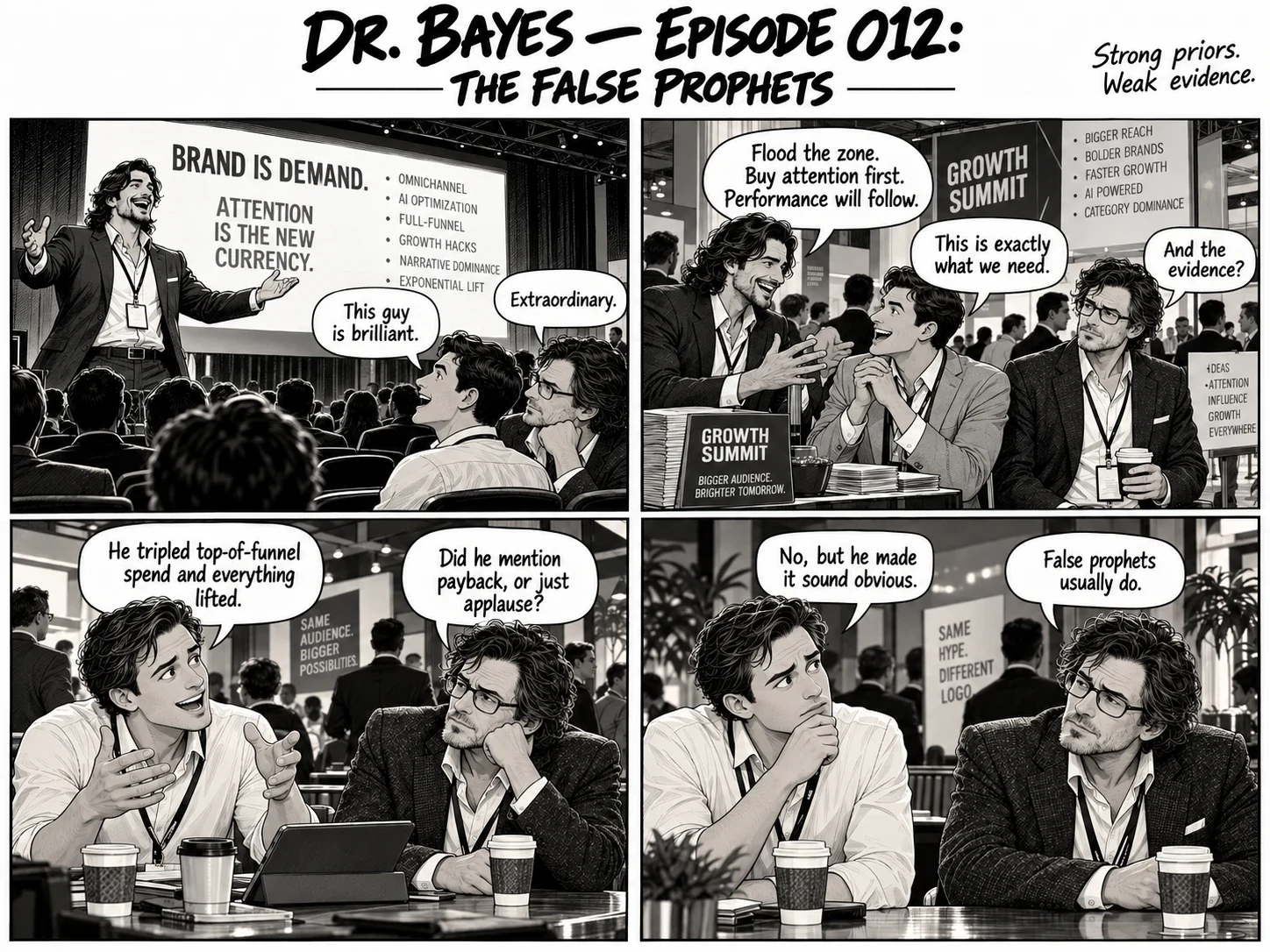 Episode 012 of the Dr. Bayes comic, “The False Prophets”: A young executive falls for a charismatic marketing guru's promises of explosive growth. Dr. Bayes quietly questions the evidence. The full dialogue is in the transcript below.