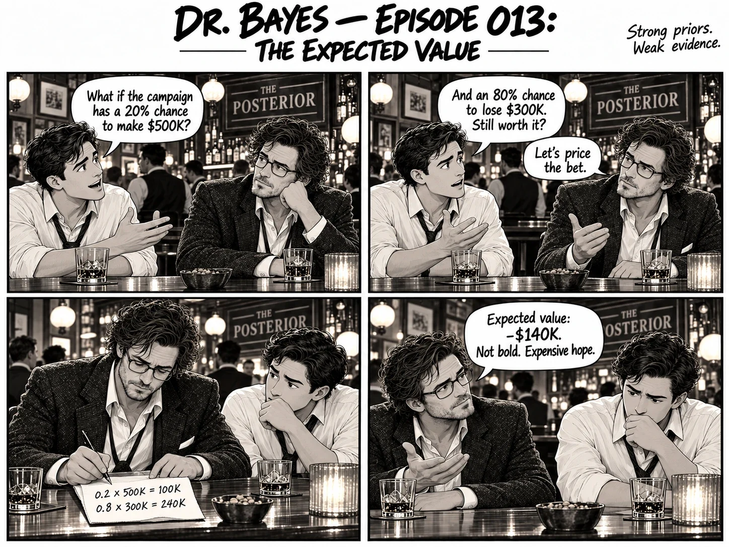 Episode 013 of the Dr. Bayes comic, “The Expected Value”: At The Posterior, Dr. Bayes prices a proposed campaign: a 20% chance of making $500,000 against an 80% chance of losing $300,000. The full dialogue is in the transcript below.