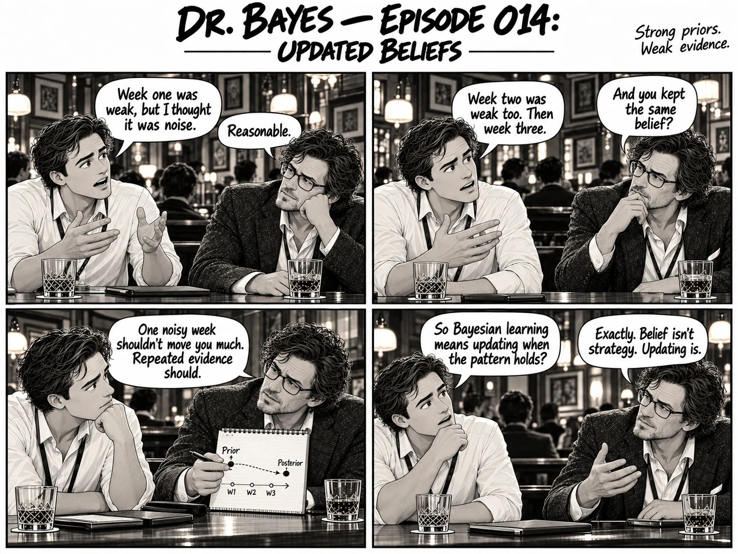 Episode 014 of the Dr. Bayes comic, “Updated Beliefs”: Three weeks of disappointing results give the young executive a lesson in Bayesian learning: meaningful new evidence should change our beliefs. The full dialogue is in the transcript below.