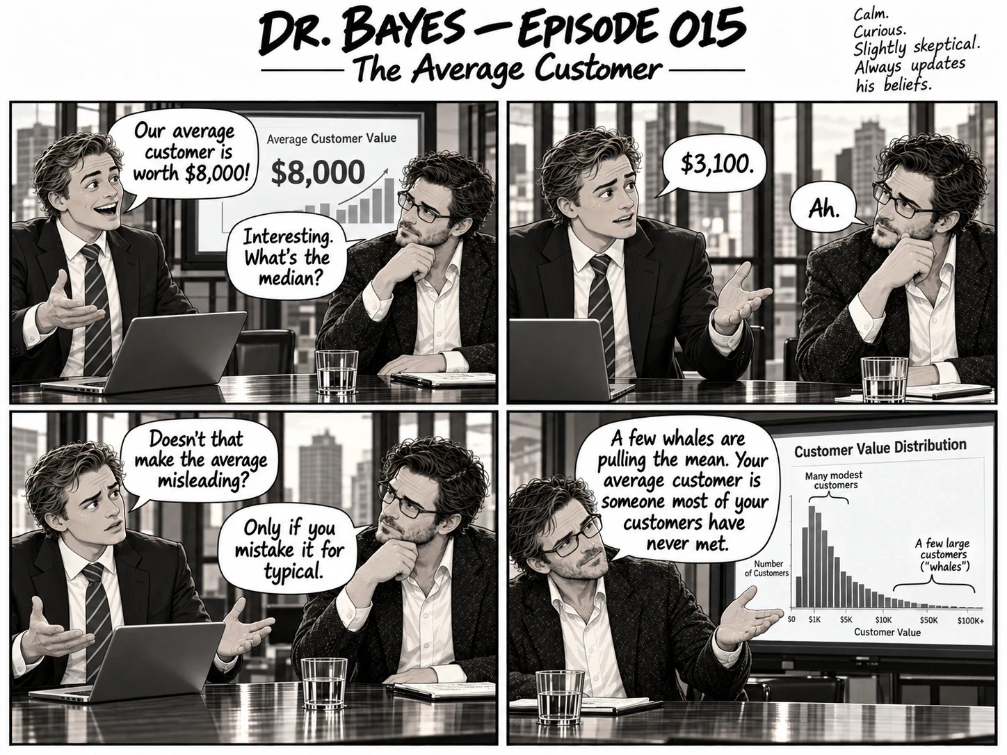 Episode 015 of the Dr. Bayes comic, “The Average Customer”: An executive celebrates an $8,000 average customer value. Dr. Bayes asks for the median and finds out who is really pulling the mean. The full dialogue is in the transcript below.